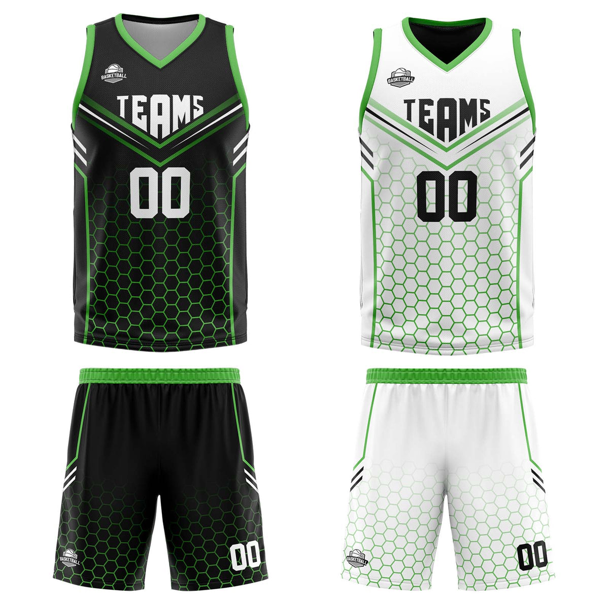 Custom Black Green Reversible Basketball Suit for Adults and Kids Personalized Jersey enthsush