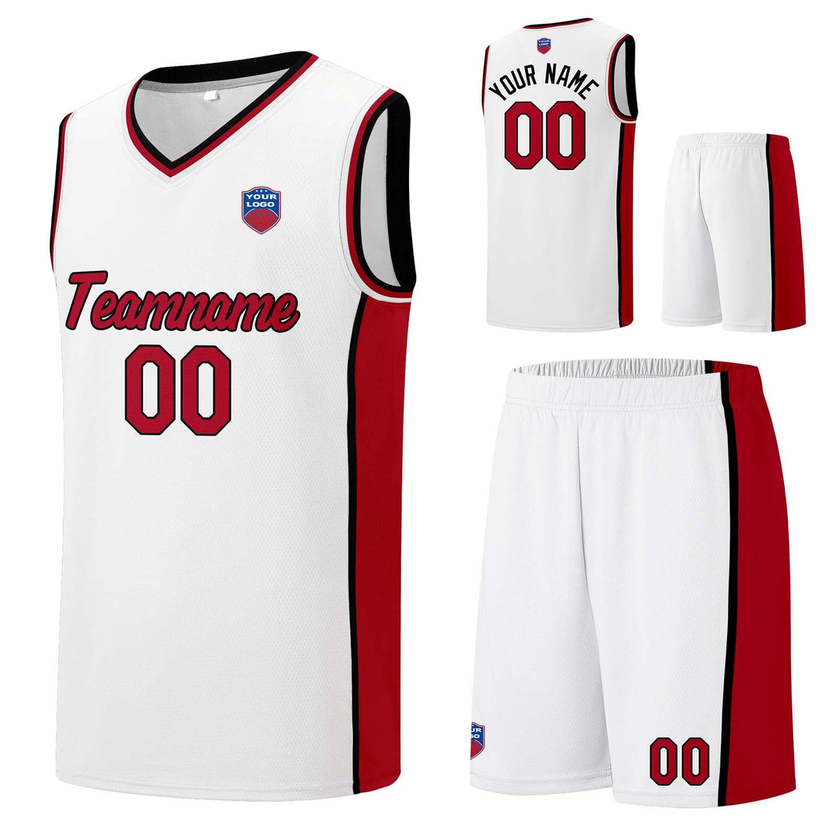 Custom basketball jersey shorts for men and women. Embroidered and printed name, number and logo White&Red&Black enthsush
