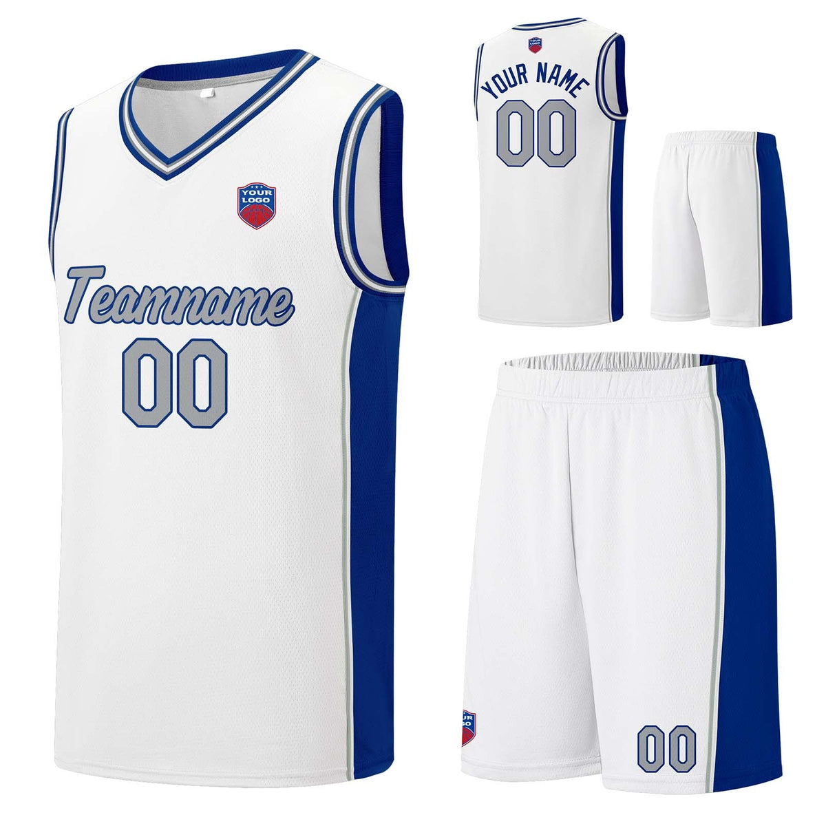 Custom basketball jersey shorts for men and women. Embroidered and printed name, number and logo White enthsush