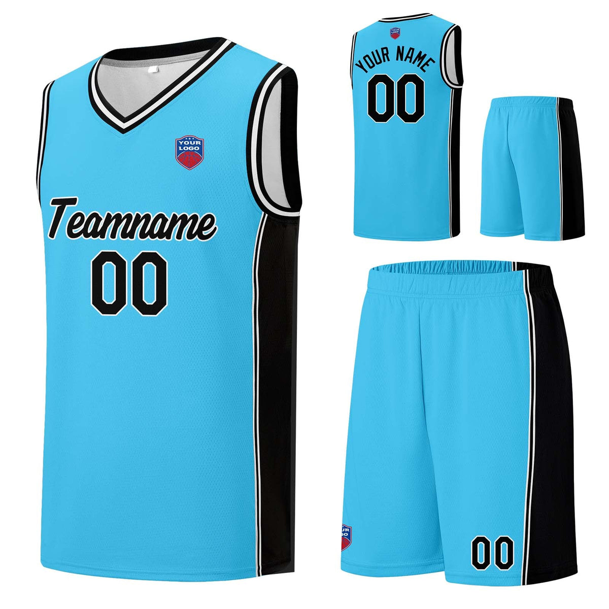 Custom basketball jersey shorts for men and women. Embroidered and printed name, number and logo Light Blue enthsush