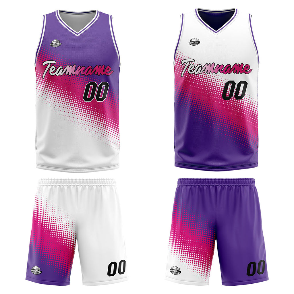 Custom Reversible Basketball Suit for Adults and Kids Personalized Jersey White-Hot Pink-Purple enthsush