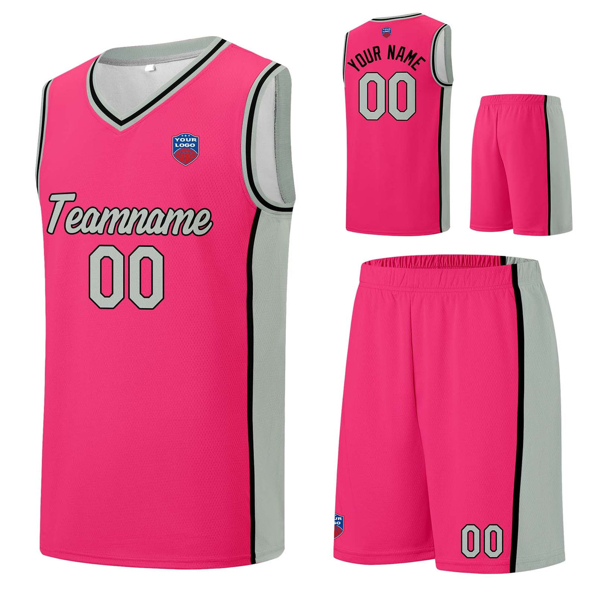 Custom basketball jersey shorts for men and women. Embroidered and printed name, number and logo Pink enthsush