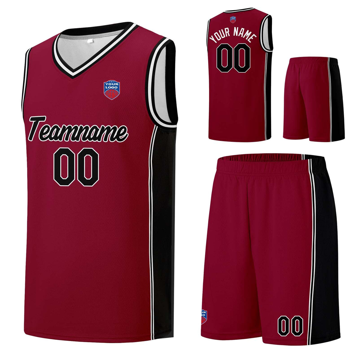 Custom basketball jersey shorts for men and women. Embroidered and printed name, number and logo Burgundy enthsush