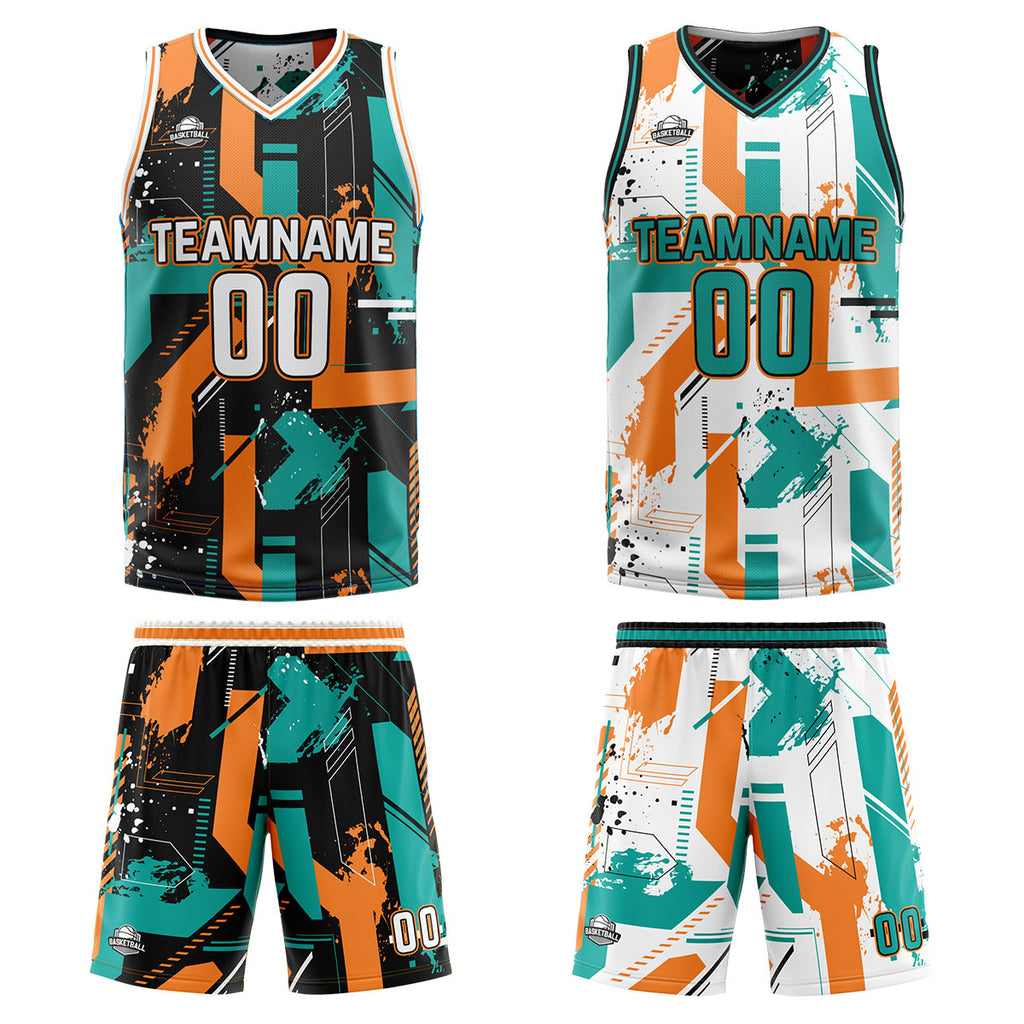 Custom Aqua Orange Reversible Basketball Suit for Adults and Kids Personalized Jersey enthsush