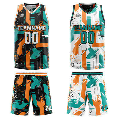 Custom Aqua Orange Reversible Basketball Suit for Adults and Kids Personalized Jersey enthsush