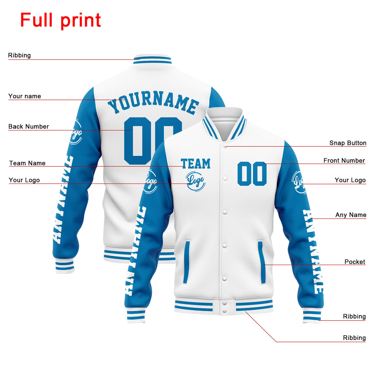 Custom Varsity Jacket Letterman jacket for Men, Women and Youth White Blue enthsush