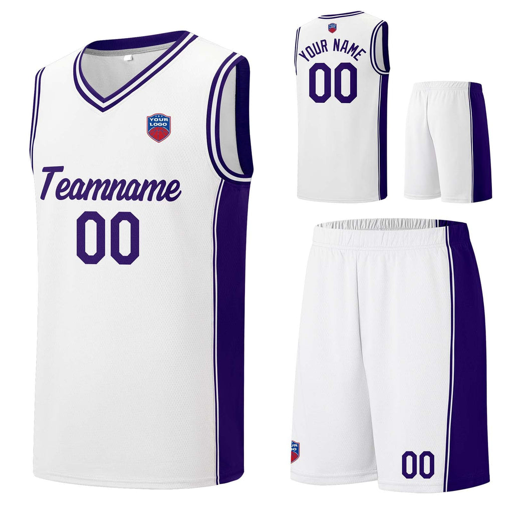 Custom basketball jersey shorts for men and women. Embroidered and printed name, number and logo White enthsush