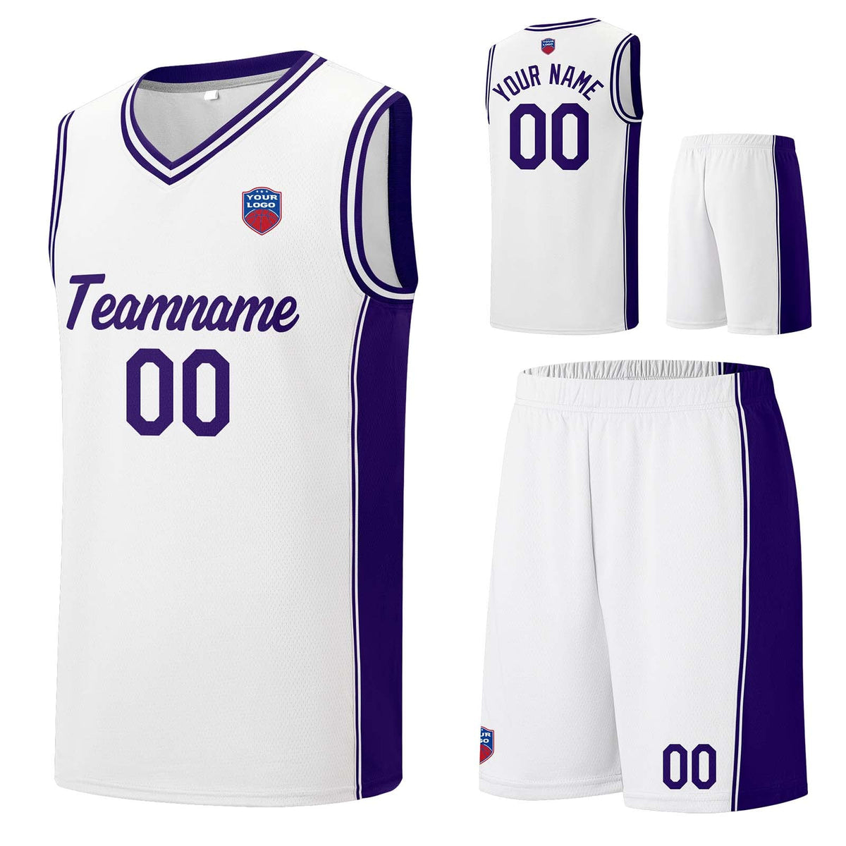 Custom basketball jersey shorts for men and women. Embroidered and printed name, number and logo White enthsush