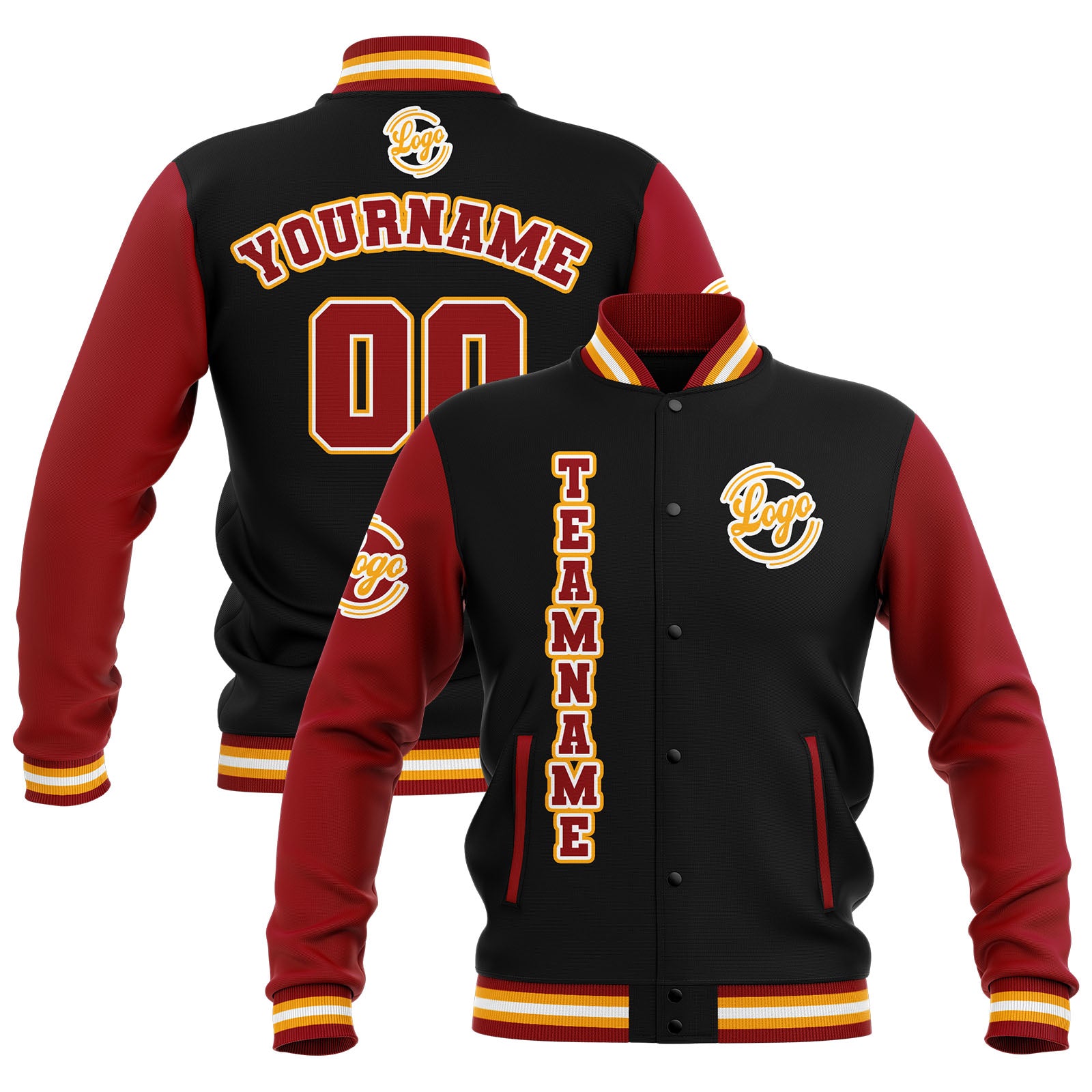 Custom Black Red Yellow Waterproof Varsity Jackets Personalized Stitched Name Number Logo to Letterman Jackets enthsush