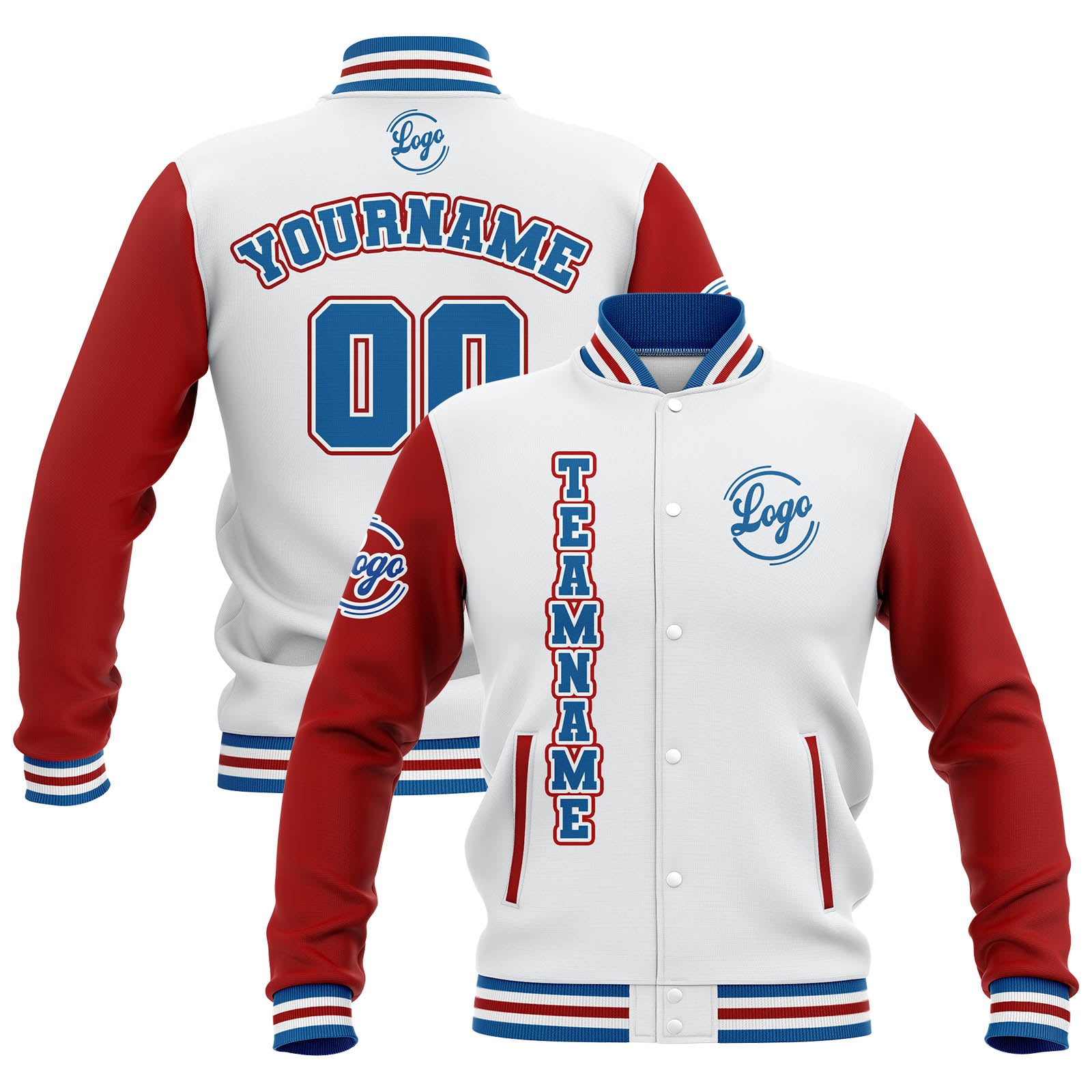 Custom White Red Blue Waterproof Varsity Jackets Personalized Stitched Name Number Logo to Letterman Jackets enthsush