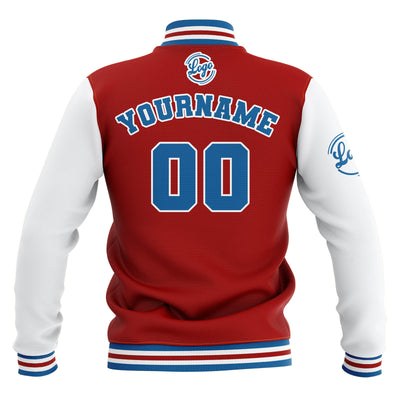 Custom Red White Blue Waterproof Varsity Jackets Personalized Stitched Name Number Logo to Letterman Jackets enthsush