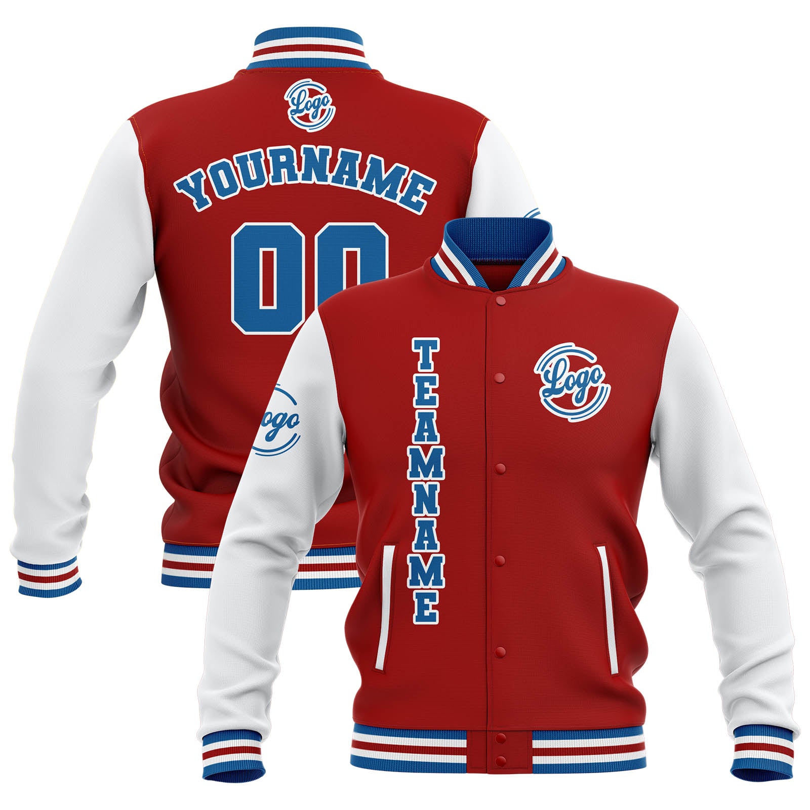 Custom Red White Blue Waterproof Varsity Jackets Personalized Stitched Name Number Logo to Letterman Jackets enthsush