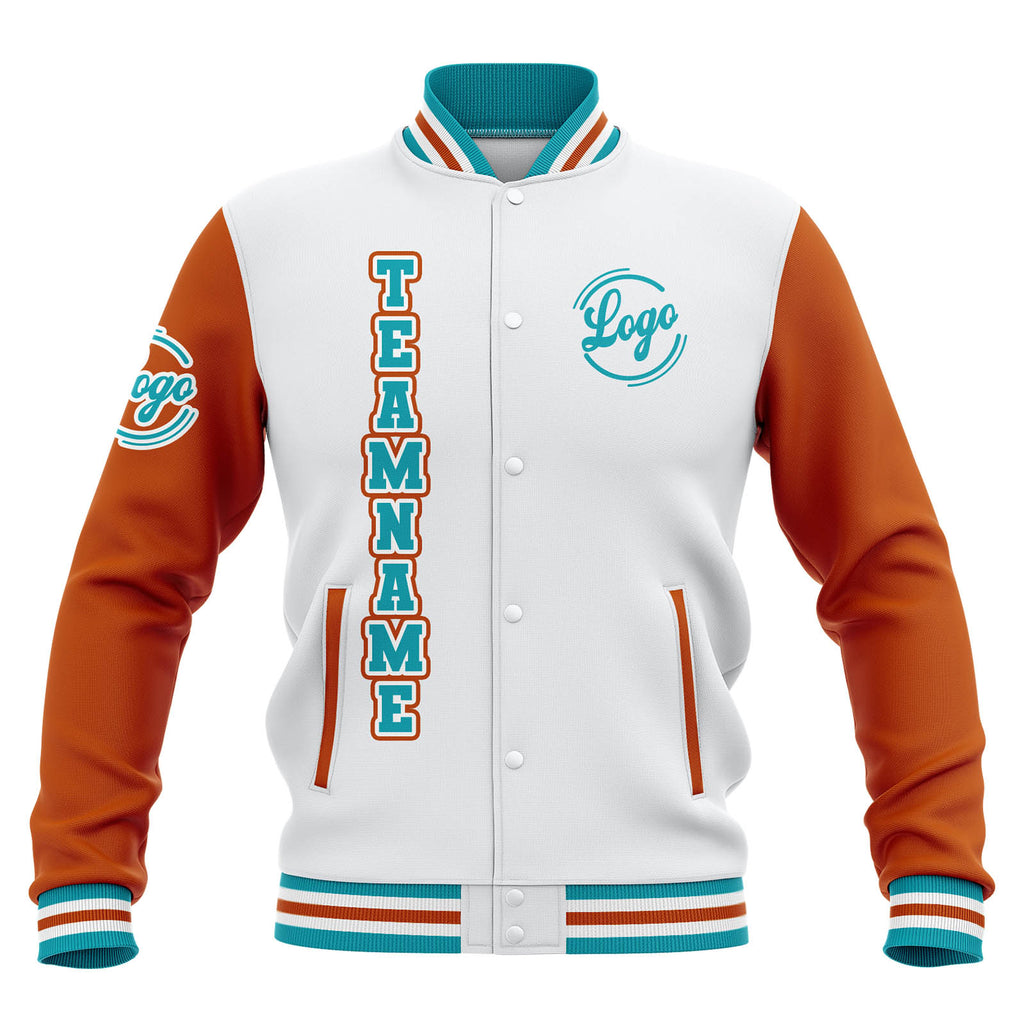 Custom Whtie Orange Teal Waterproof Varsity Jackets Personalized Stitched Name Number Logo to Letterman Jackets enthsush