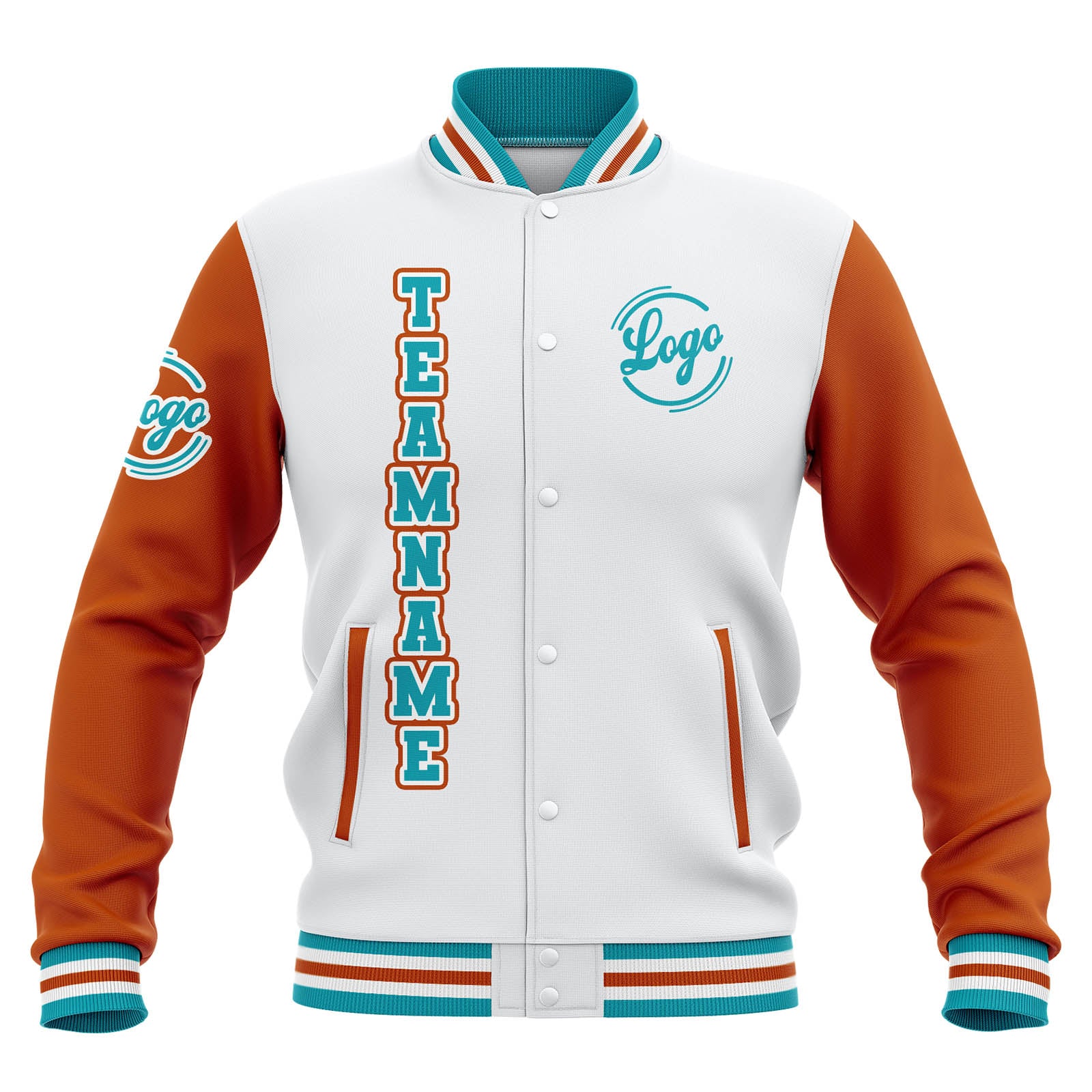 Custom Whtie Orange Teal Waterproof Varsity Jackets Personalized Stitched Name Number Logo to Letterman Jackets enthsush