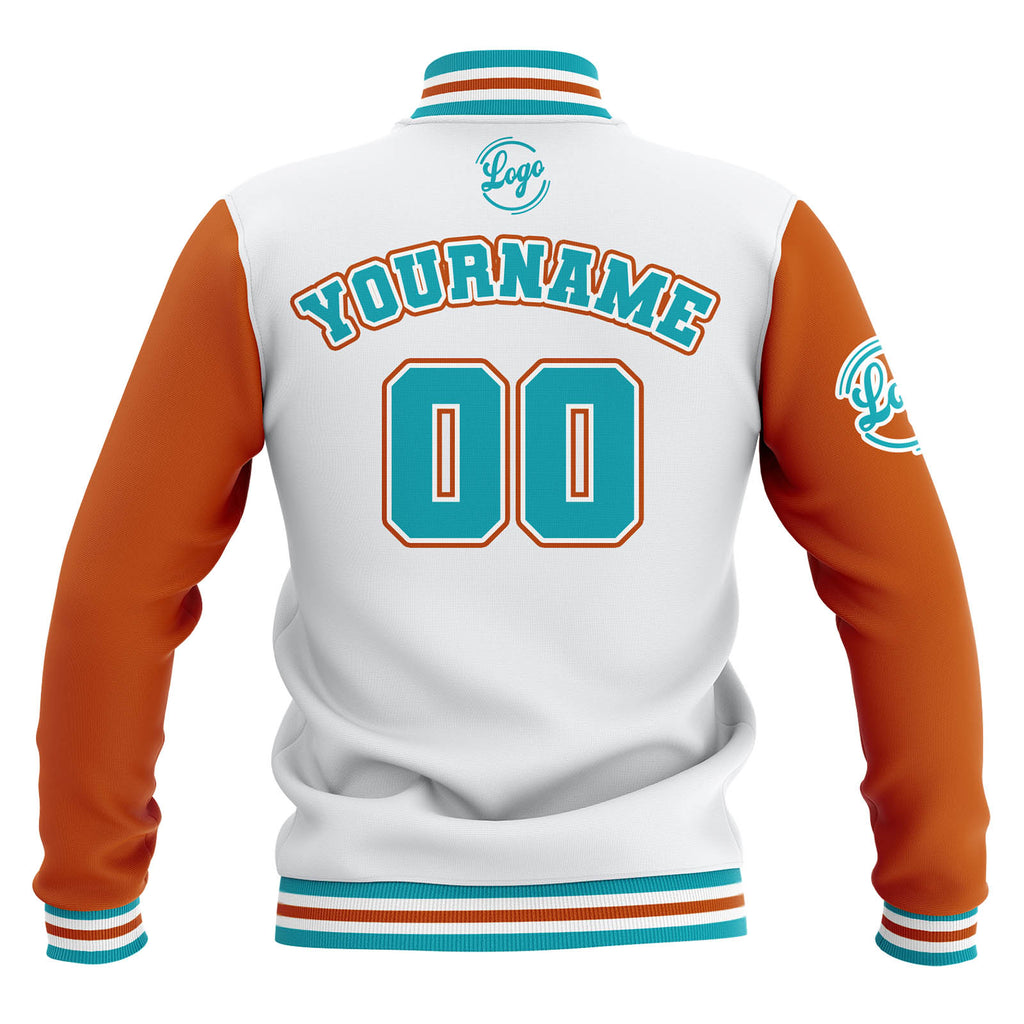 Custom Whtie Orange Teal Waterproof Varsity Jackets Personalized Stitched Name Number Logo to Letterman Jackets enthsush