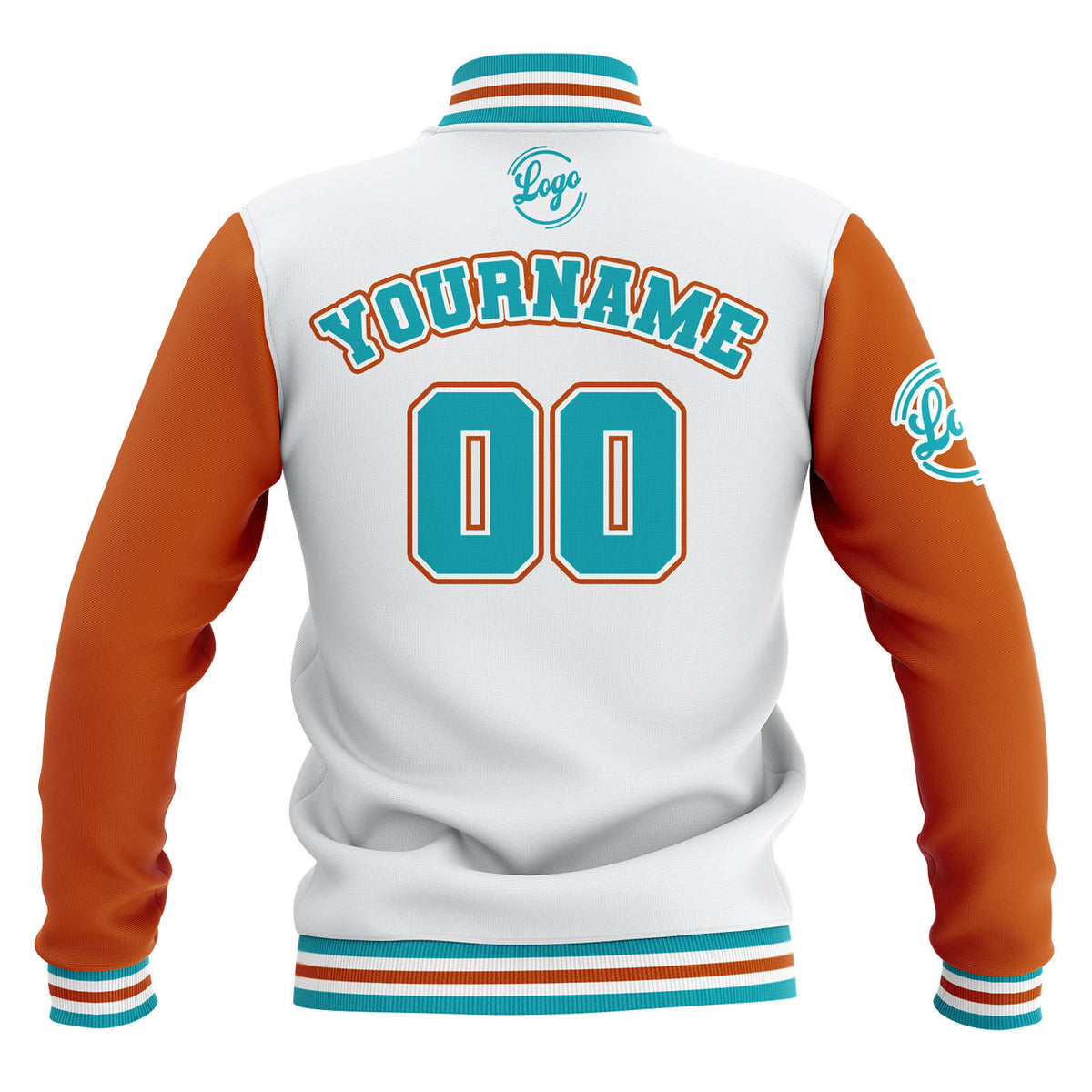 Custom Whtie Orange Teal Waterproof Varsity Jackets Personalized Stitched Name Number Logo to Letterman Jackets enthsush