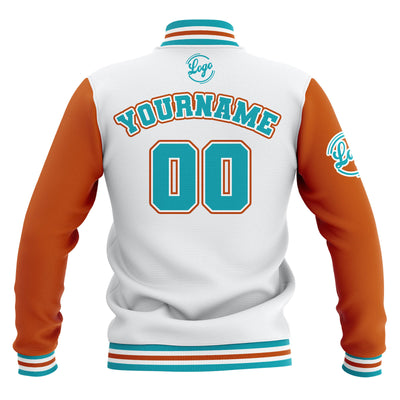 Custom Whtie Orange Teal Waterproof Varsity Jackets Personalized Stitched Name Number Logo to Letterman Jackets enthsush