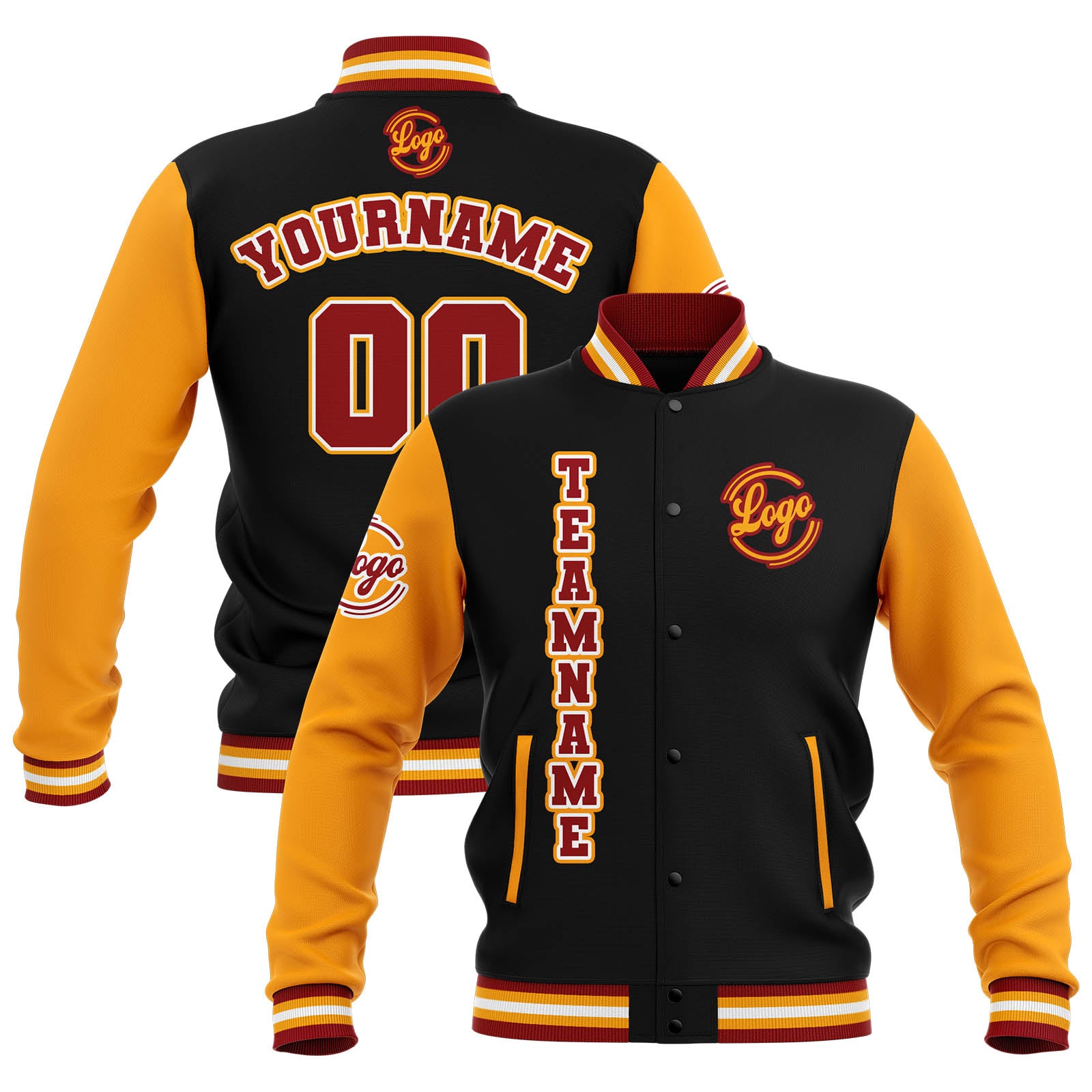 Custom Black Yellow Red Waterproof Varsity Jackets Personalized Stitched Name Number Logo to Letterman Jackets enthsush