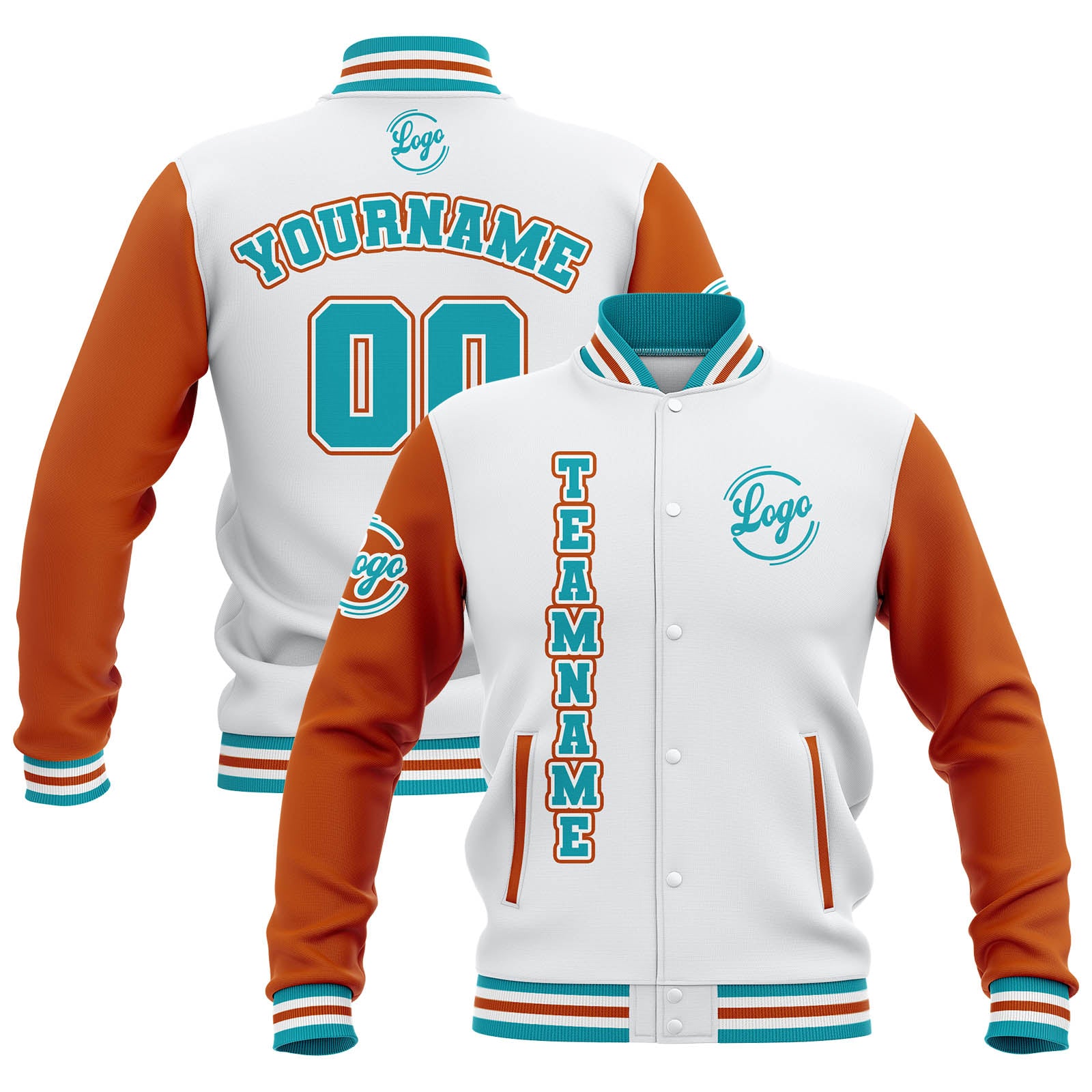 Custom Whtie Orange Teal Waterproof Varsity Jackets Personalized Stitched Name Number Logo to Letterman Jackets enthsush