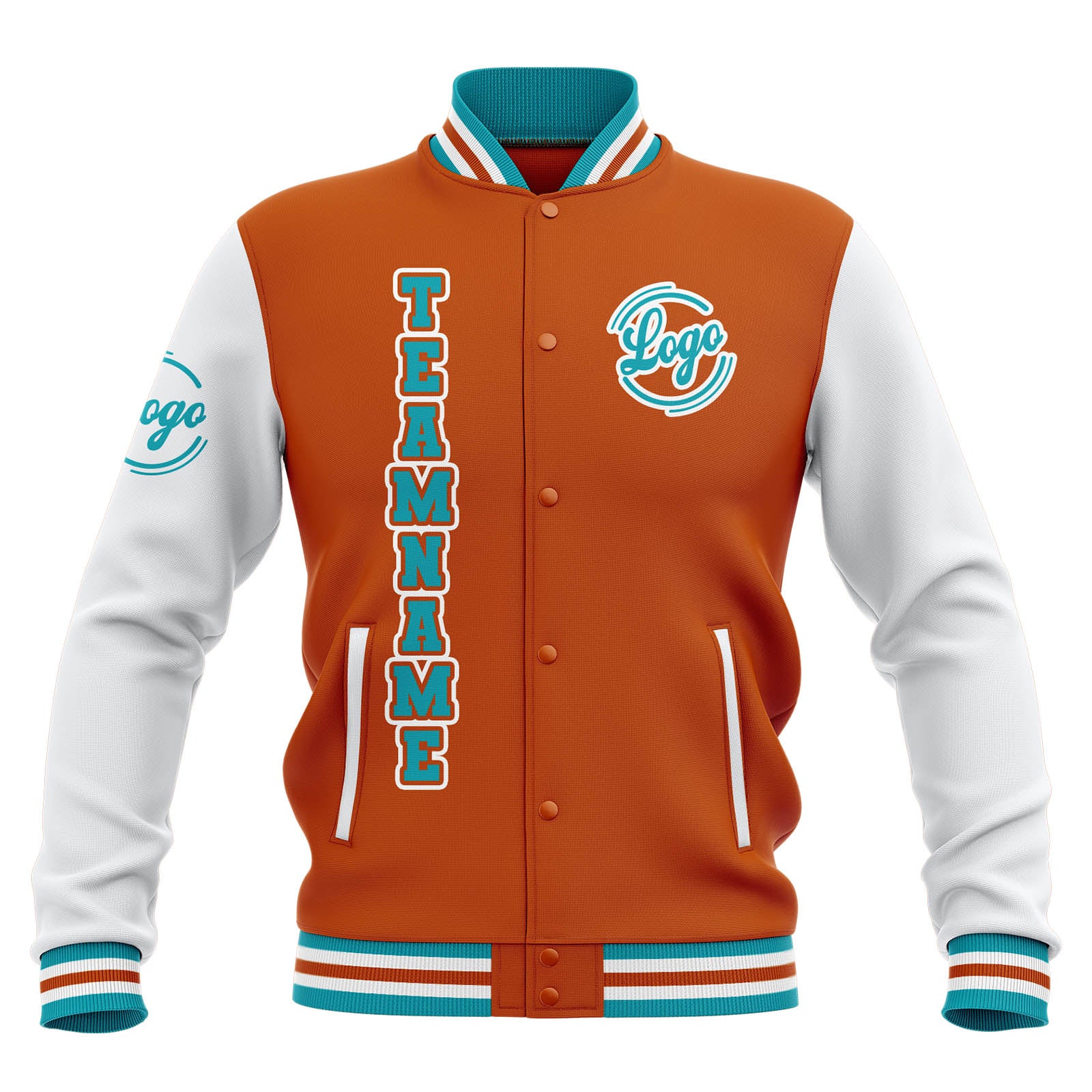 Custom Orange White Teal Waterproof Varsity Jackets Personalized Stitched Name Number Logo to Letterman Jackets enthsush