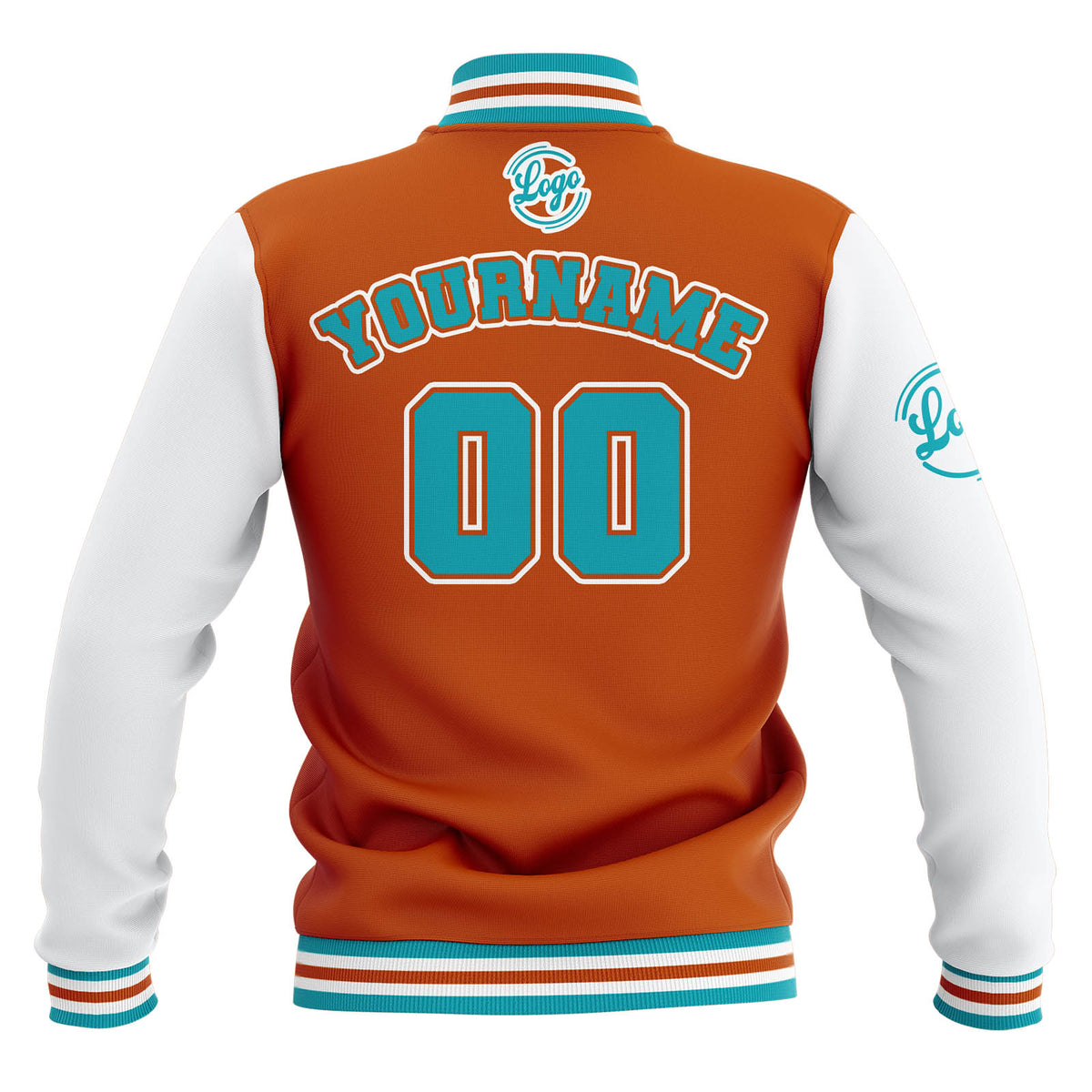 Custom Orange White Teal Waterproof Varsity Jackets Personalized Stitched Name Number Logo to Letterman Jackets enthsush