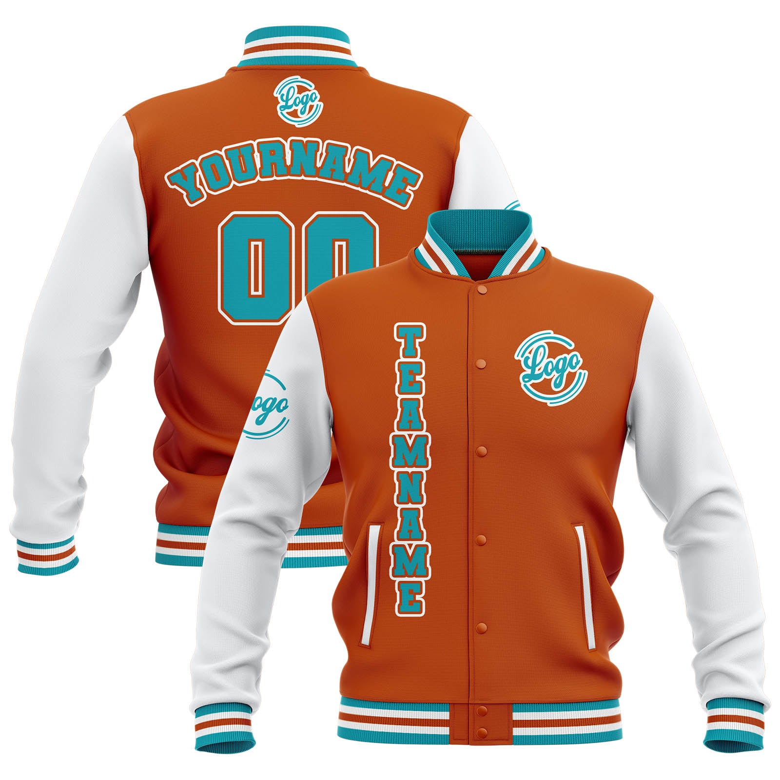 Custom Orange White Teal Waterproof Varsity Jackets Personalized Stitched Name Number Logo to Letterman Jackets enthsush