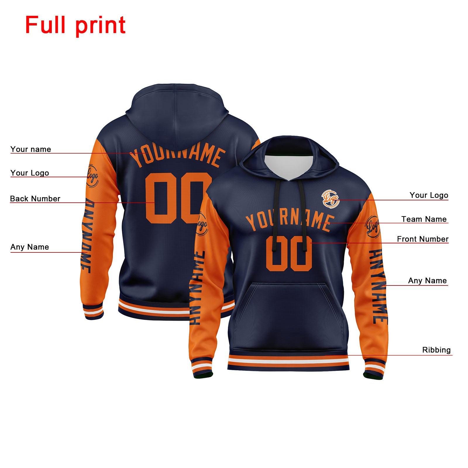 Custom Navy Orange Sweatshirt Hoodie For Men Women Girl Boy Print Your Logo Name Number enthsush