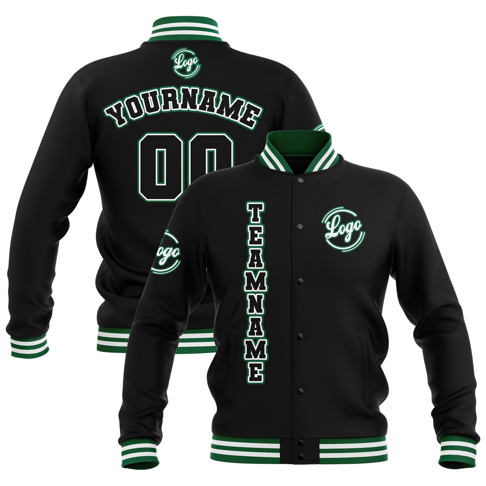 Custom Black White Green Waterproof Varsity Jackets Personalized Stitched Name Number Logo to Letterman Jackets enthsush