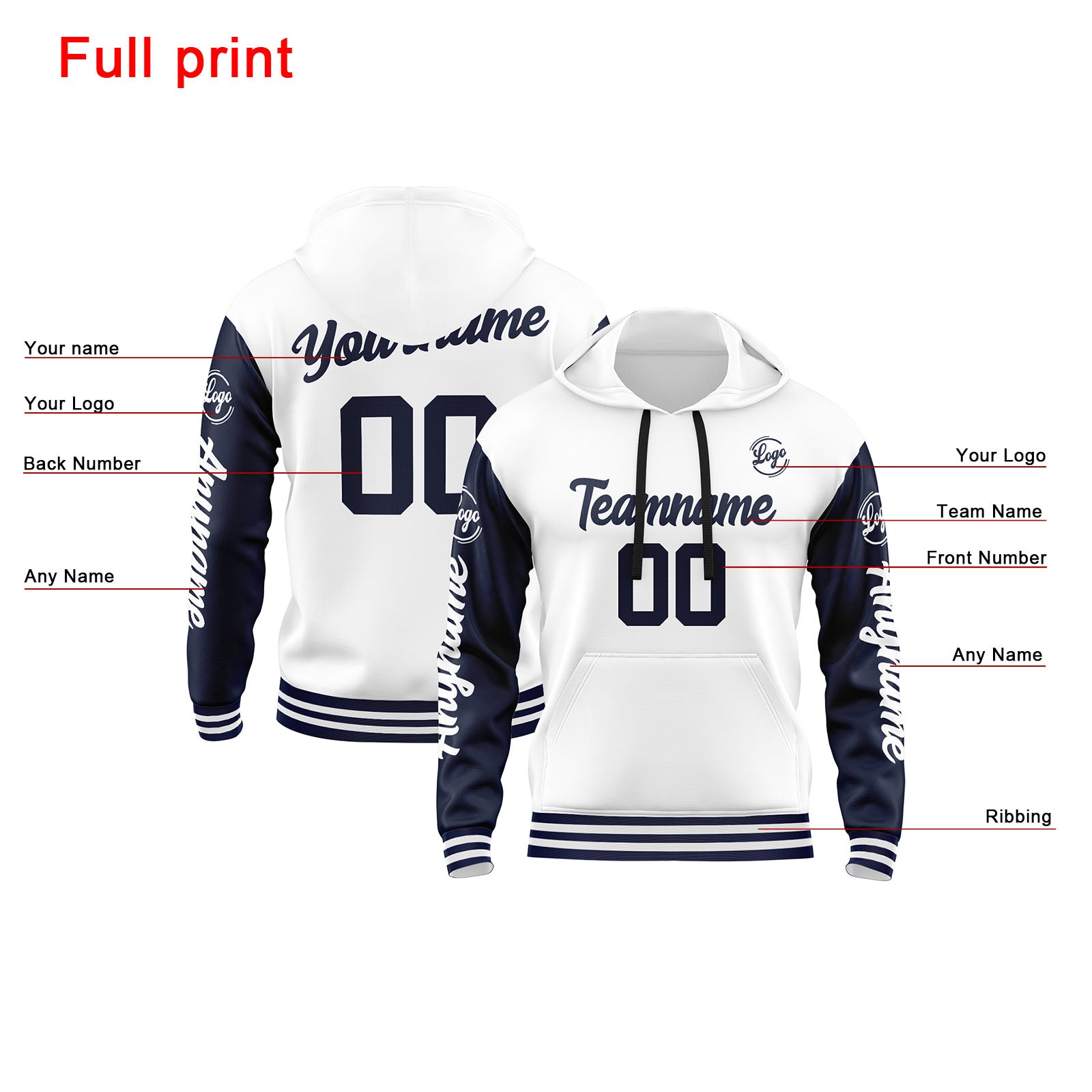 Custom Navy White Sweatshirt Hoodie For Men Women Girl Boy Print Your Logo Name Number enthsush