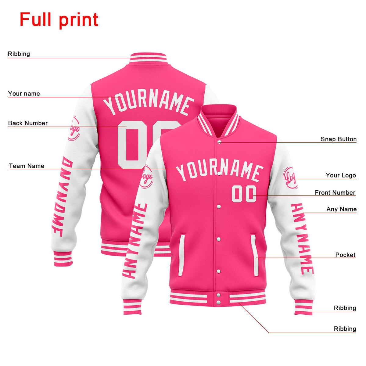 Custom Varsity Jacket Letterman jacket for Men, Women and Youth Pink White enthsush