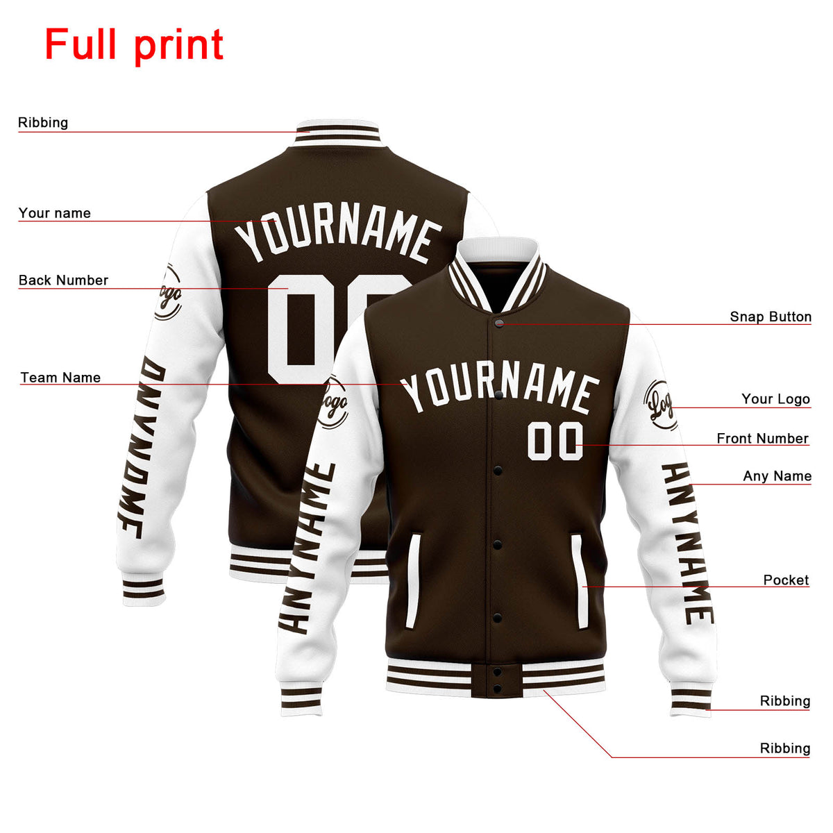 Custom Varsity Jacket Letterman jacket for Men, Women and Youth Brown White enthsush