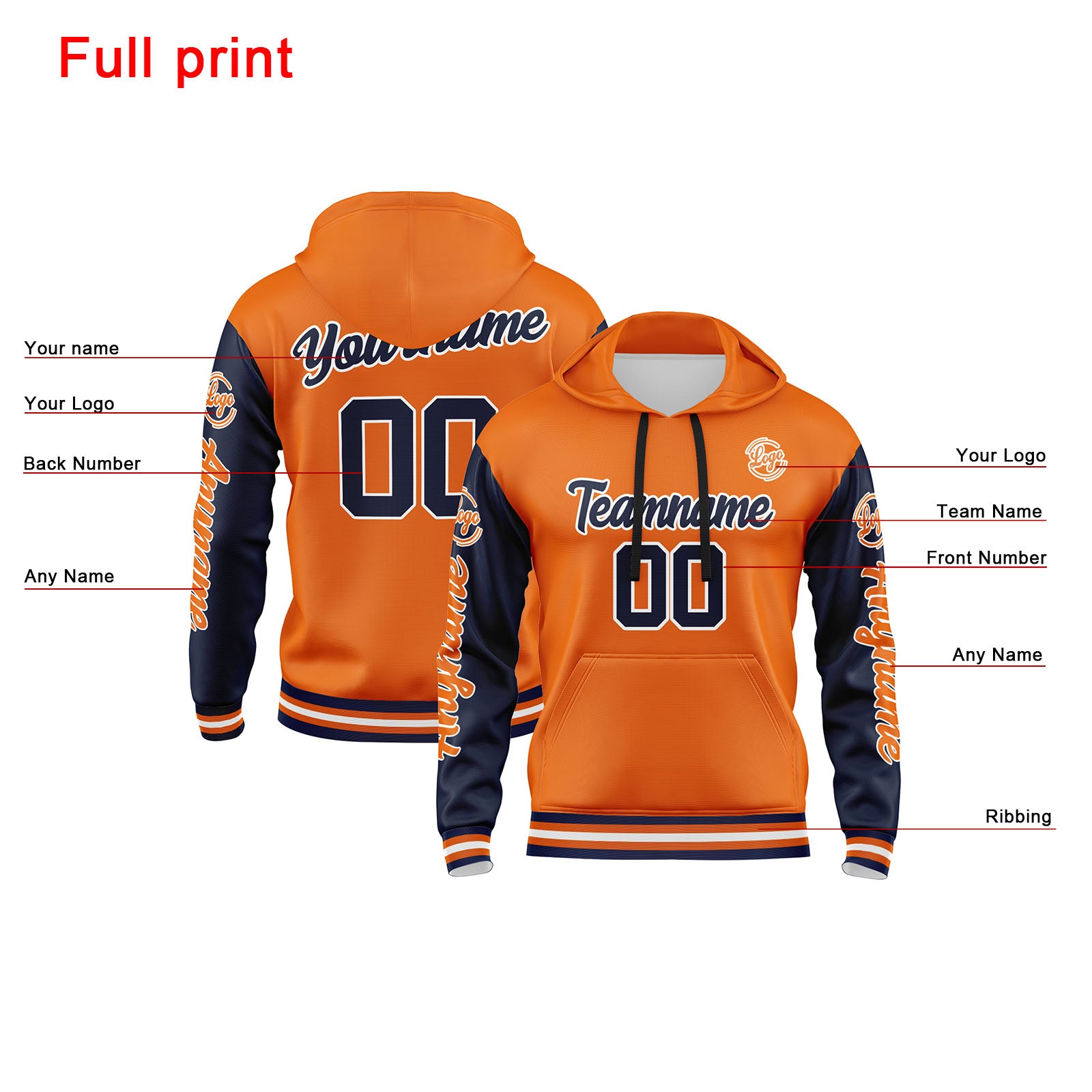 Custom Navy Orange Sweatshirt Hoodie For Men Women Girl Boy Print Your Logo Name Number enthsush