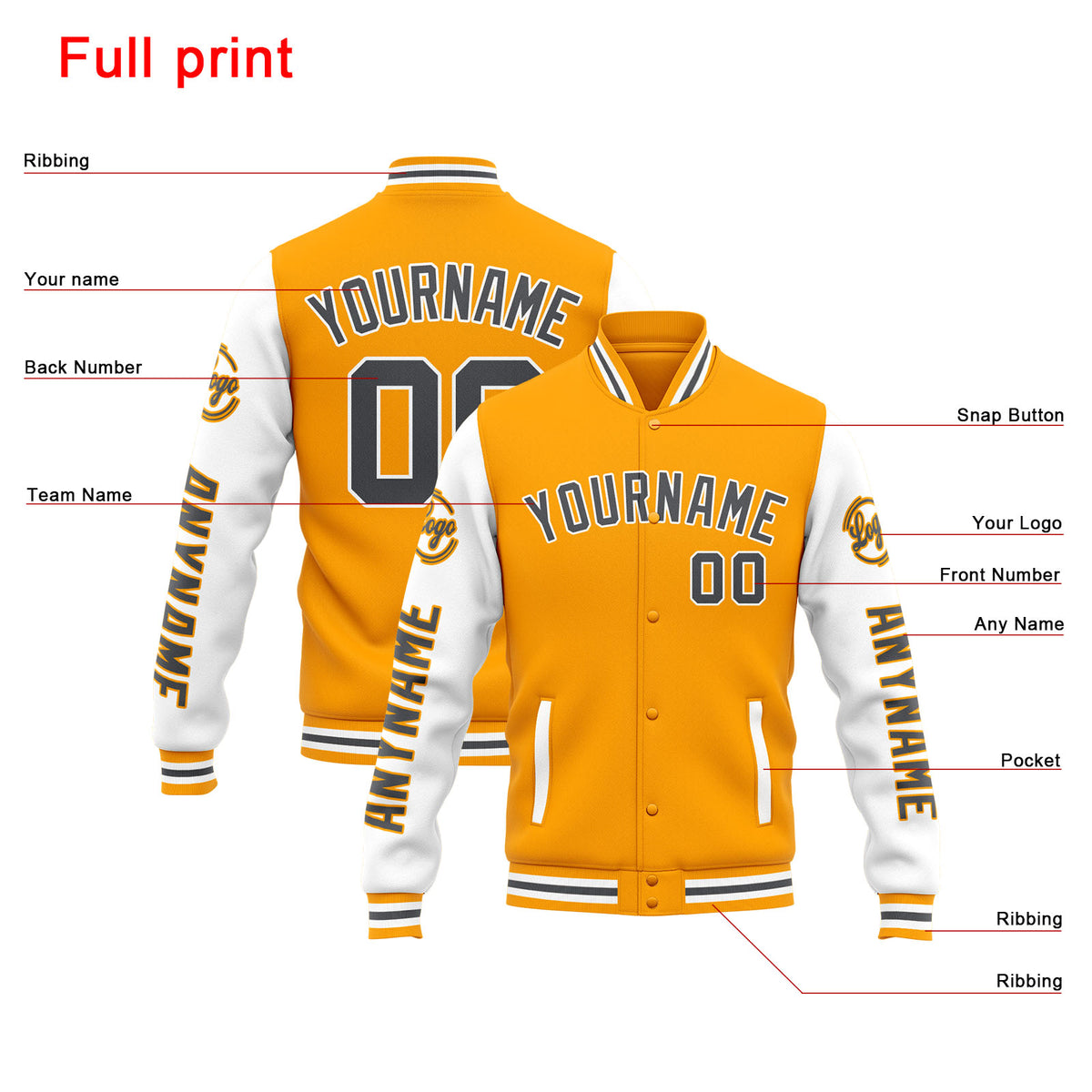 Custom Varsity Jacket Letterman jacket for Men, Women and Youth Yellow White enthsush