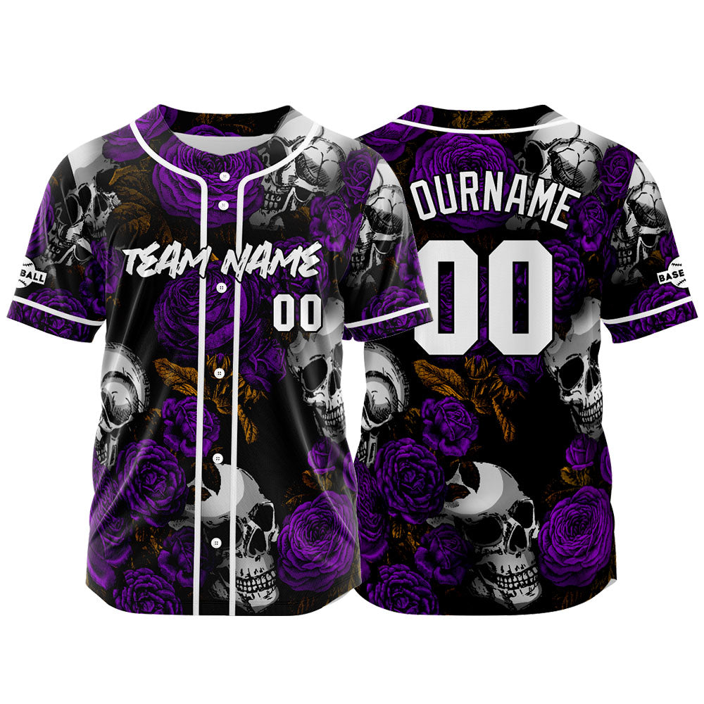 Custom Baseball Jersey Personalized Baseball Shirt for Men Women Kids Youth Teams Stitched and Print Rose Skull&Purple enthsush