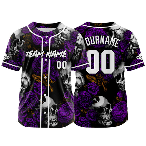 Custom Baseball Jersey Personalized Baseball Shirt for Men Women Kids Youth Teams Stitched and Print Rose Skull&Purple enthsush