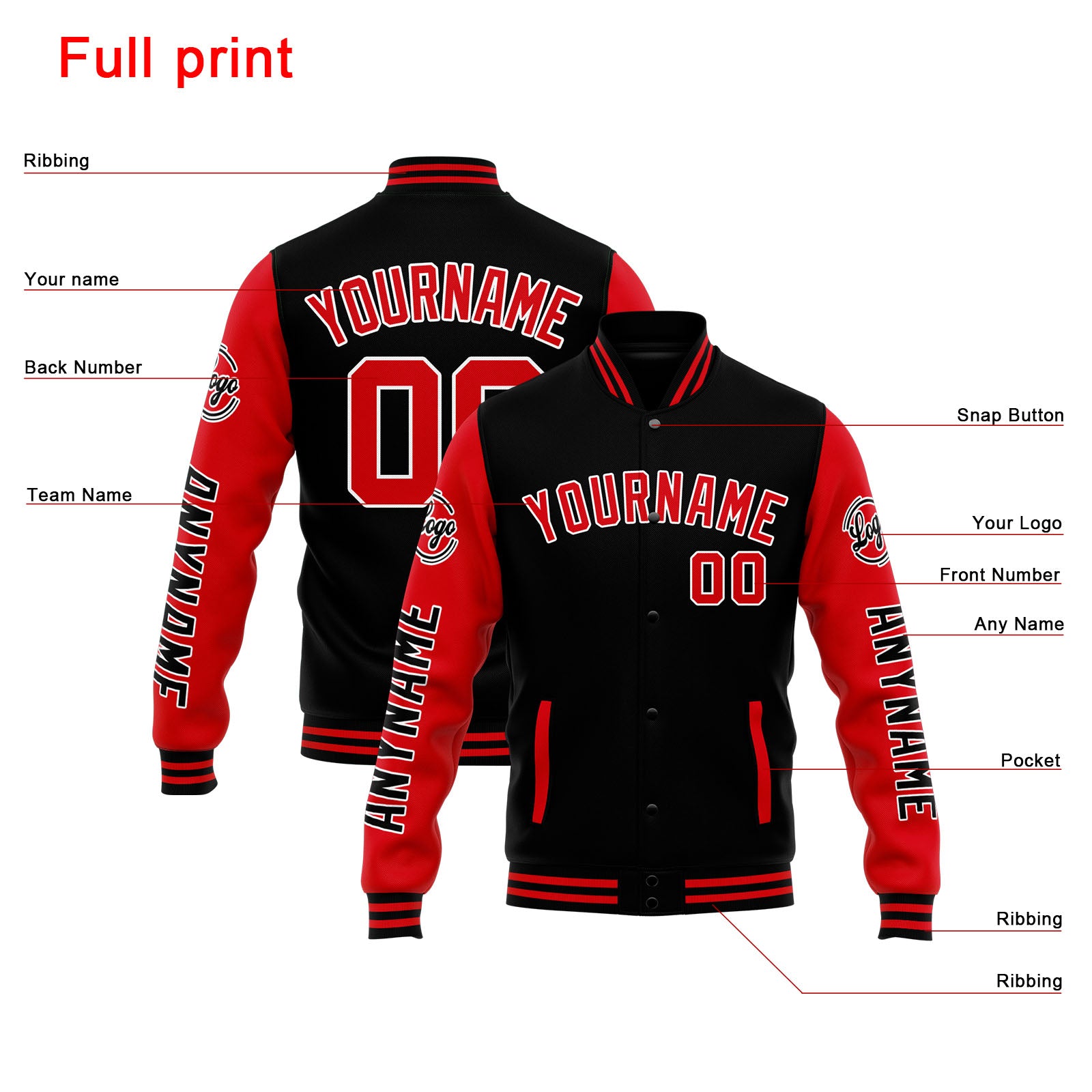 Custom Varsity Jacket Letterman jacket for Men, Women and Youth Black Red enthsush
