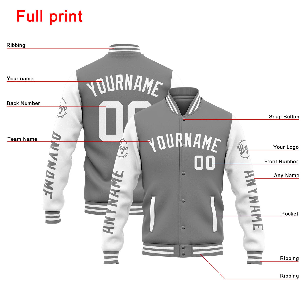 Custom Varsity Jacket Letterman jacket for Men, Women and Youth Grey White enthsush