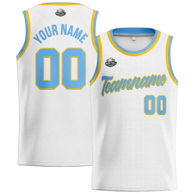 Custom Stitched Basketball Jersey for Men, Women  And Kids White-Light Blue-Yellow enthsush