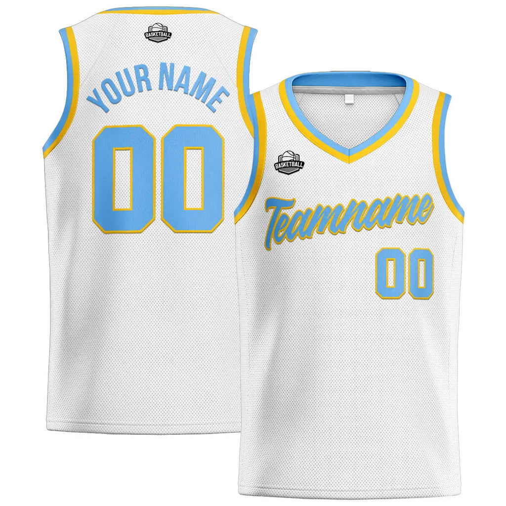 Custom Stitched Basketball Jersey for Men, Women  And Kids White-Light Blue-Yellow enthsush