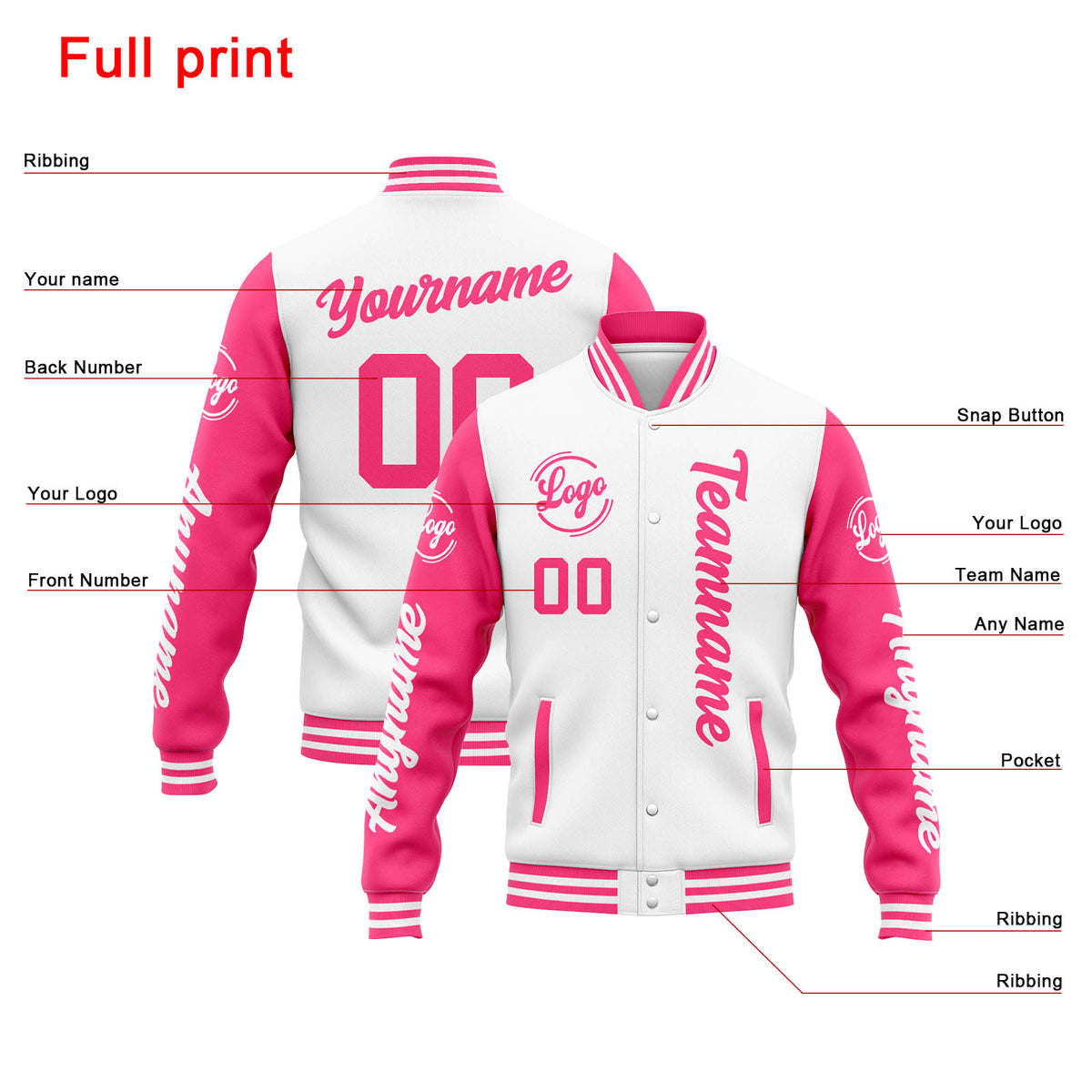 Custom Varsity Jacket Letterman jacket for Men, Women and Youth White Pink enthsush