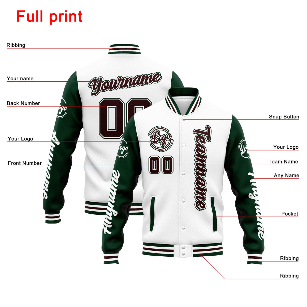 Custom Varsity Jacket Letterman jacket for Men, Women and Youth White Green Brown enthsush