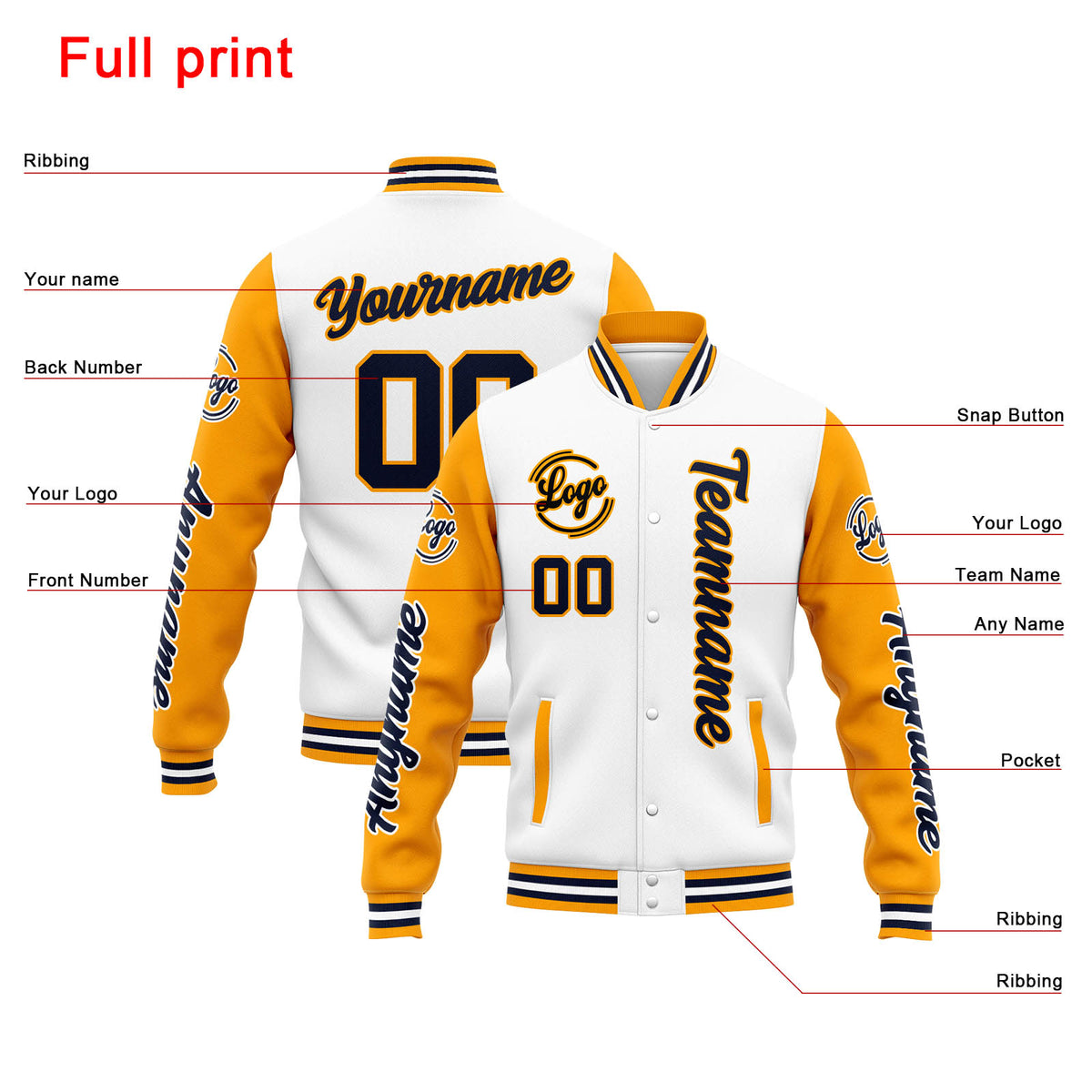 Custom Varsity Jacket Letterman jacket for Men, Women and Youth White Orange Navy enthsush