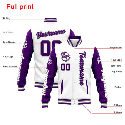 Custom Varsity Jacket Letterman jacket for Men, Women and Youth White Purple enthsush