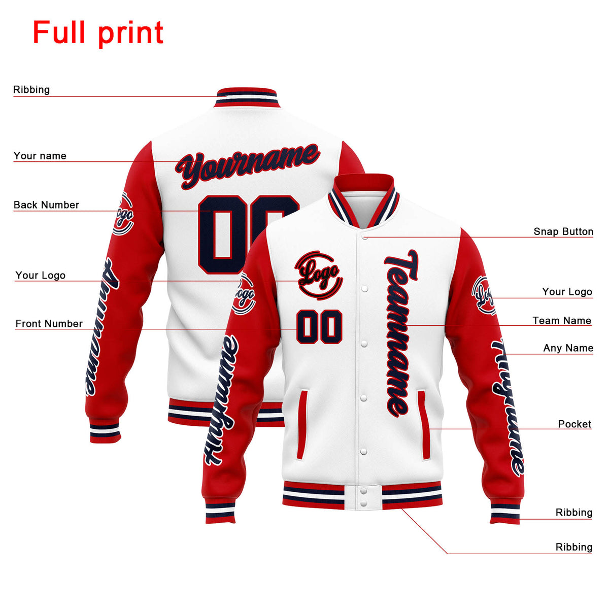 Custom Varsity Jacket Letterman jacket for Men, Women and Youth White Red Navy enthsush