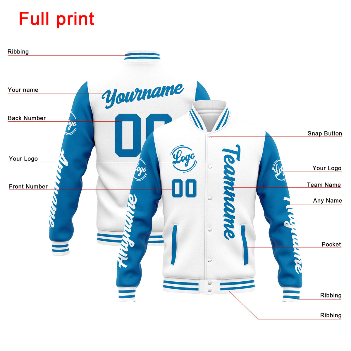 Custom Varsity Jacket Letterman jacket for Men, Women and Youth White Blue enthsush