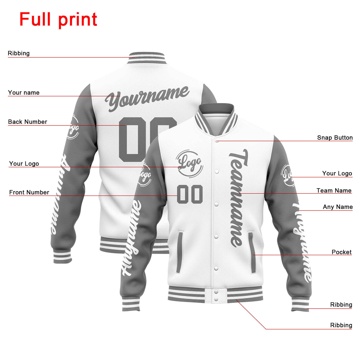 Custom Varsity Jacket Letterman jacket for Men, Women and Youth White Grey enthsush