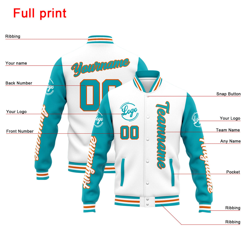 Custom Varsity Jacket Letterman jacket for Men, Women and Youth White Teal enthsush