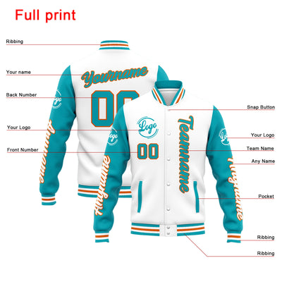 Custom Varsity Jacket Letterman jacket for Men, Women and Youth White Teal enthsush