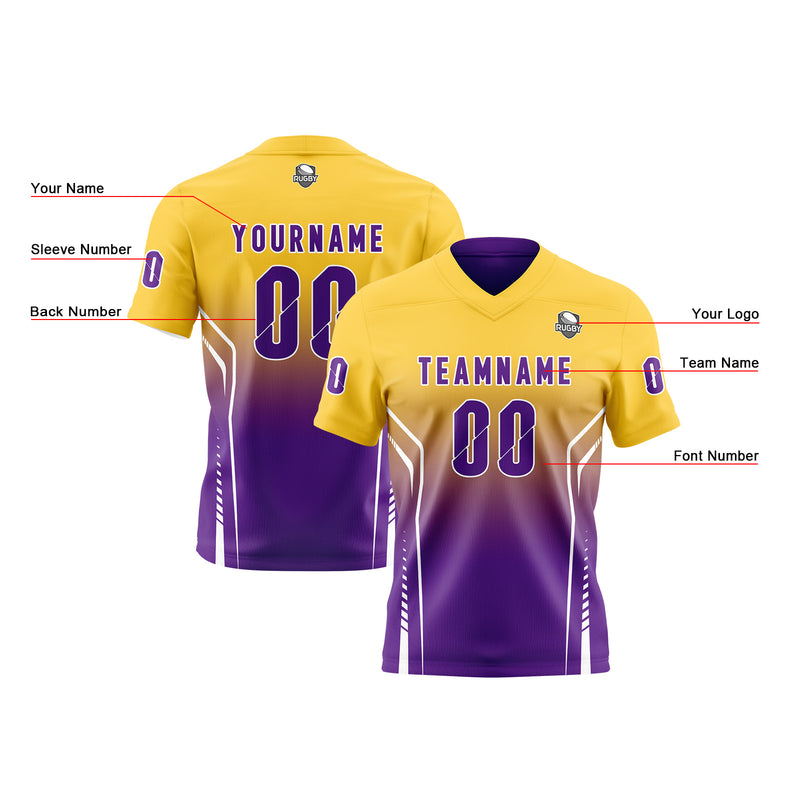 Custom Purple Yellow Reversible Football Jersey Personalized Gradient Football Shirts for Men Printed Team Name Number Logo