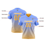 Custom Sky Blue Butter Yellow Reversible Football Jersey Personalized Gradient Football Shirts for Men Printed Team Name Number Logo